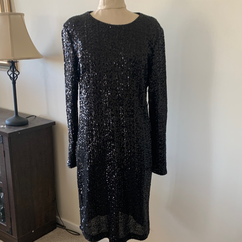 Coldwater Creek Black Sequin Long Sleeve Shift Dress